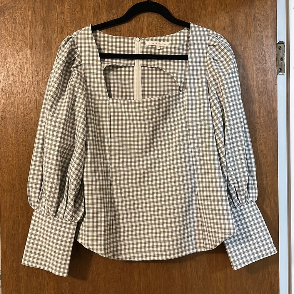 Checkered Puff Sleeve Top, size L